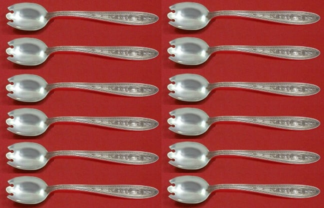 International Silver Wedgwood Sterling Silver Ice Cream Fork Set 12pc: International Silver Wedgwood Sterling Silver Ice Cream Fork Set 12pc Enhance your dining experience with this exquisite 12-piece ice cream dessert fork set from the renowned Wedgwood pattern by Inter