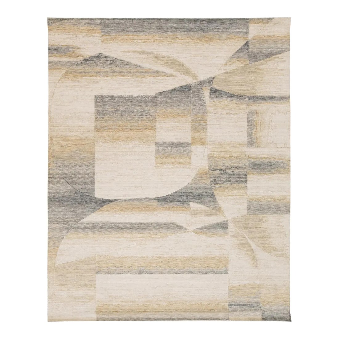 8x10 Hand-Loomed Wool Nylon Abstract Geometric Rug: 8x10 Hand-Loomed Wool Nylon Abstract Geometric Rug This modern hand-loomed rug features a sophisticated geometric design with overlapping circles and rectangular blocks, creating a dynamic, textured l