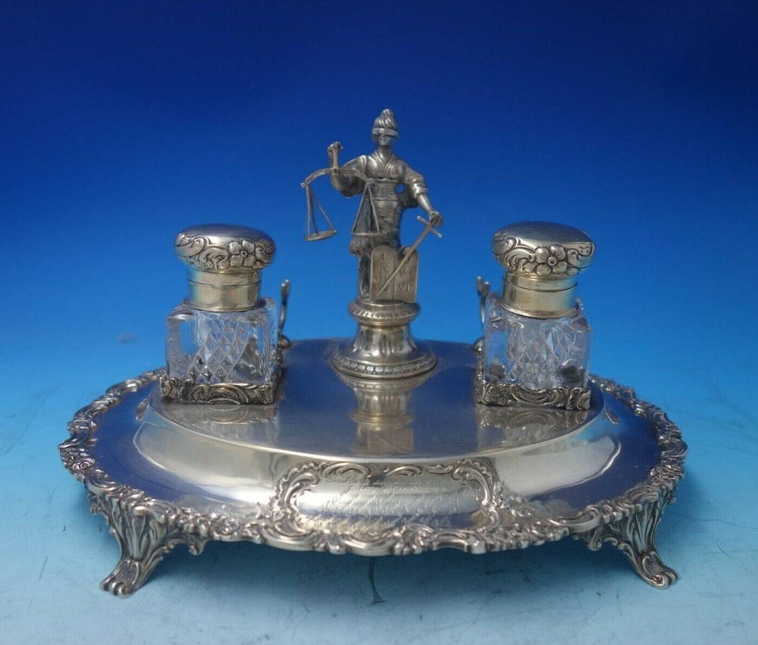 Portuguese .833 Silver Double Inkwell with 3D Lady Justice Stand: Portuguese .833 Silver Double Inkwell with 3D Lady Justice Stand This stunning Portuguese .833 silver double inkwell features a footed stand adorned with a beautifully detailed 3D Lady Justice, comple