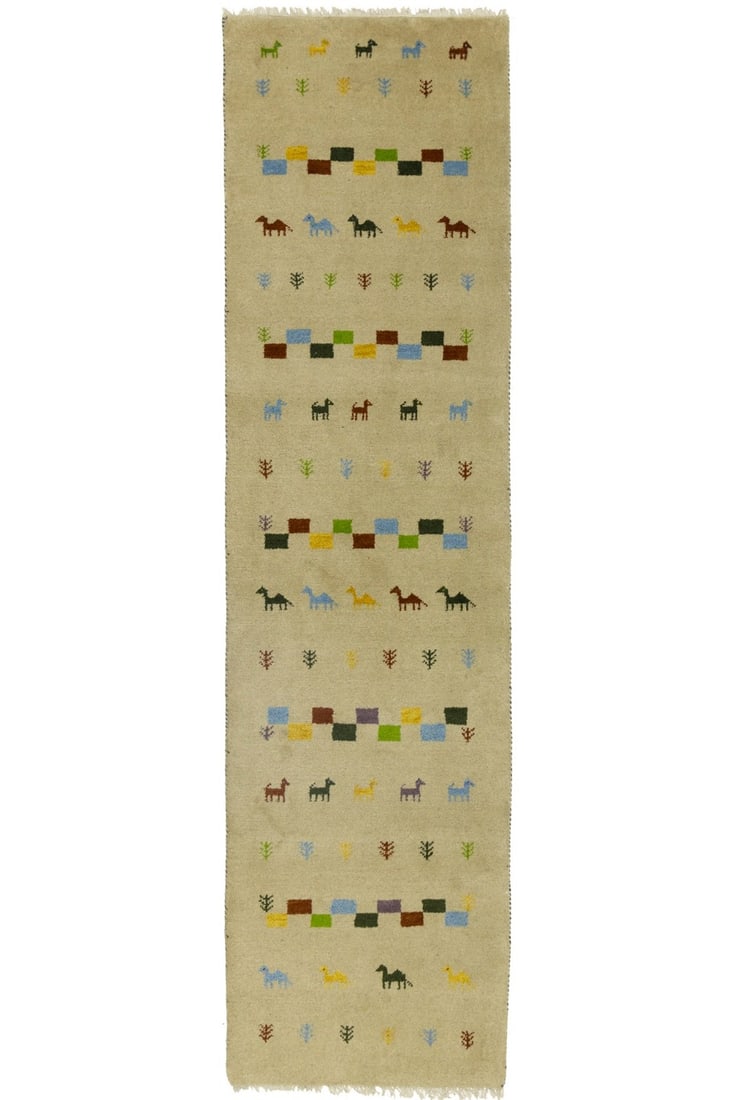 Hand-knotted wool Indo-Gabbeh tribal runner 2'8 x 9'11: Hand-knotted wool Indo-Gabbeh tribal runner 2'8 x 9'11 This handmade Indo-Gabbeh runner rug features a pictorial tribal design with a modern aesthetic. Crafted in India using hand-knotted wool, it sho