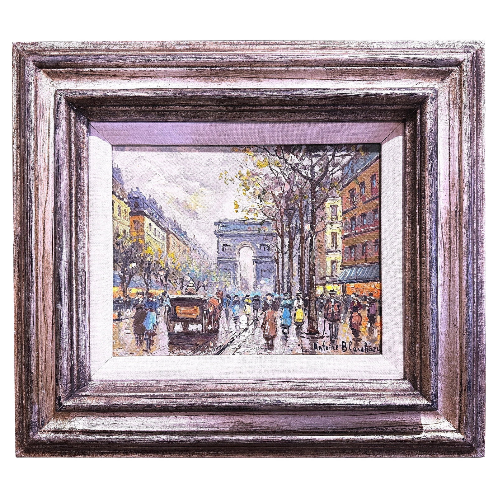 Antoine Blanchard Paris Street Scene Oil Painting Framed: Antoine Blanchard Paris Street Scene Oil Painting Framed This mid-century oil painting captures a vibrant Paris street scene, featuring the Arc de Triomphe with pedestrians, horse-drawn carriages, and