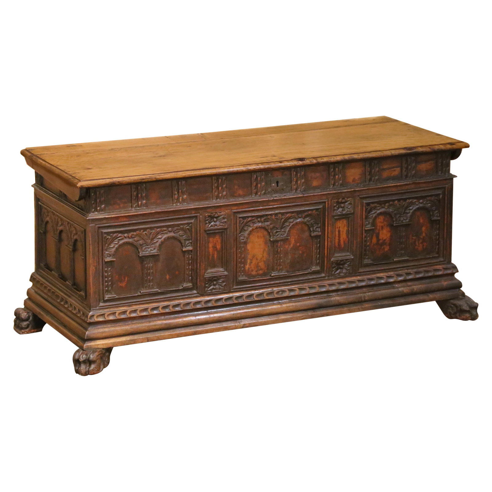 Italian Baroque Walnut Cassone Trunk With Hand-Carved Gothic Details Circa 1750: Italian Baroque Walnut Cassone Trunk With Hand-Carved Gothic Details Circa 1750 This mid-18th century Italian Baroque cassone is expertly hand-carved from walnut and features a richly detailed paneled