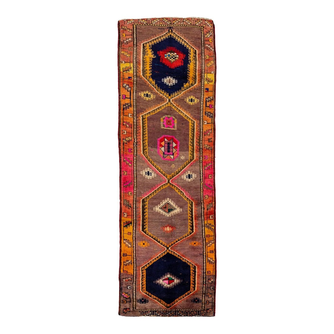 Handmade Wool Persian Kilim Runner 3'6 x 10'10 Geometric Tribal: Handmade Wool Persian Kilim Runner 3'6 x 10'10 Geometric Tribal This vintage Persian kilim runner is hand-knotted from high-quality wool and features a bold geometric design with four large stacked me