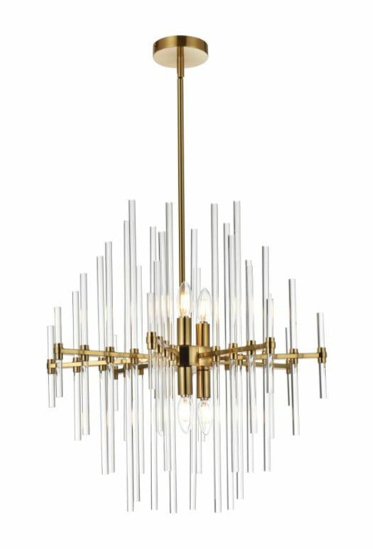 Sienna Modern 6-Light Gold Chandelier with Clear Glass Rods 22.8in: Sienna Modern 6-Light Gold Chandelier with Clear Glass Rods 22.8in This modern Sputnik-style chandelier features a gold finish frame with clear glass rods and accommodates six lights. Designed for ind