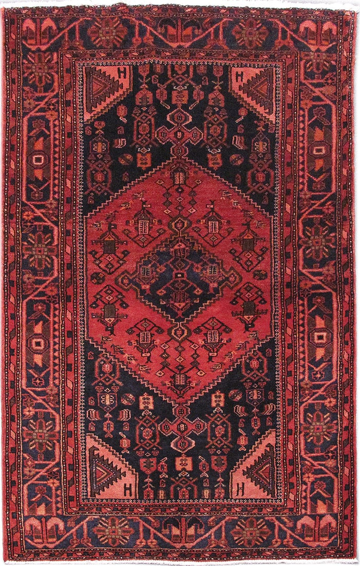 Hand-Knotted 4.4x6.11 Red Persian Hamadan Area Rug from Iran: Hand-Knotted 4.4x6.11 Red Persian Hamadan Area Rug from Iran Free continental US Shipping Transform your living space with the exquisite 4'4" x 6'11" Red Persian Hamadan Rug. Handcrafted by skilled Pe