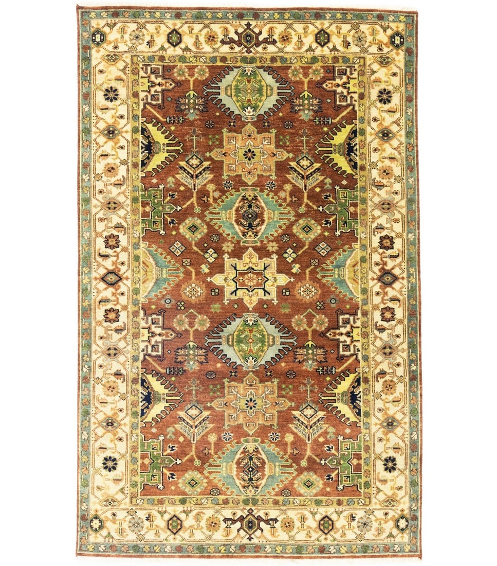 Hand-Knotted Indo-Karajeh Tribal Geometric Wool Rug 5x8 ft Eco-Friendly: Hand-Knotted Indo-Karajeh Tribal Geometric Wool Rug 5x8 ft Eco-Friendly Enhance your space with this 5'0 x 8'0 ft hand-knotted Indo-Karajeh tribal geometric wool rug, perfect for adding a bohemian tou
