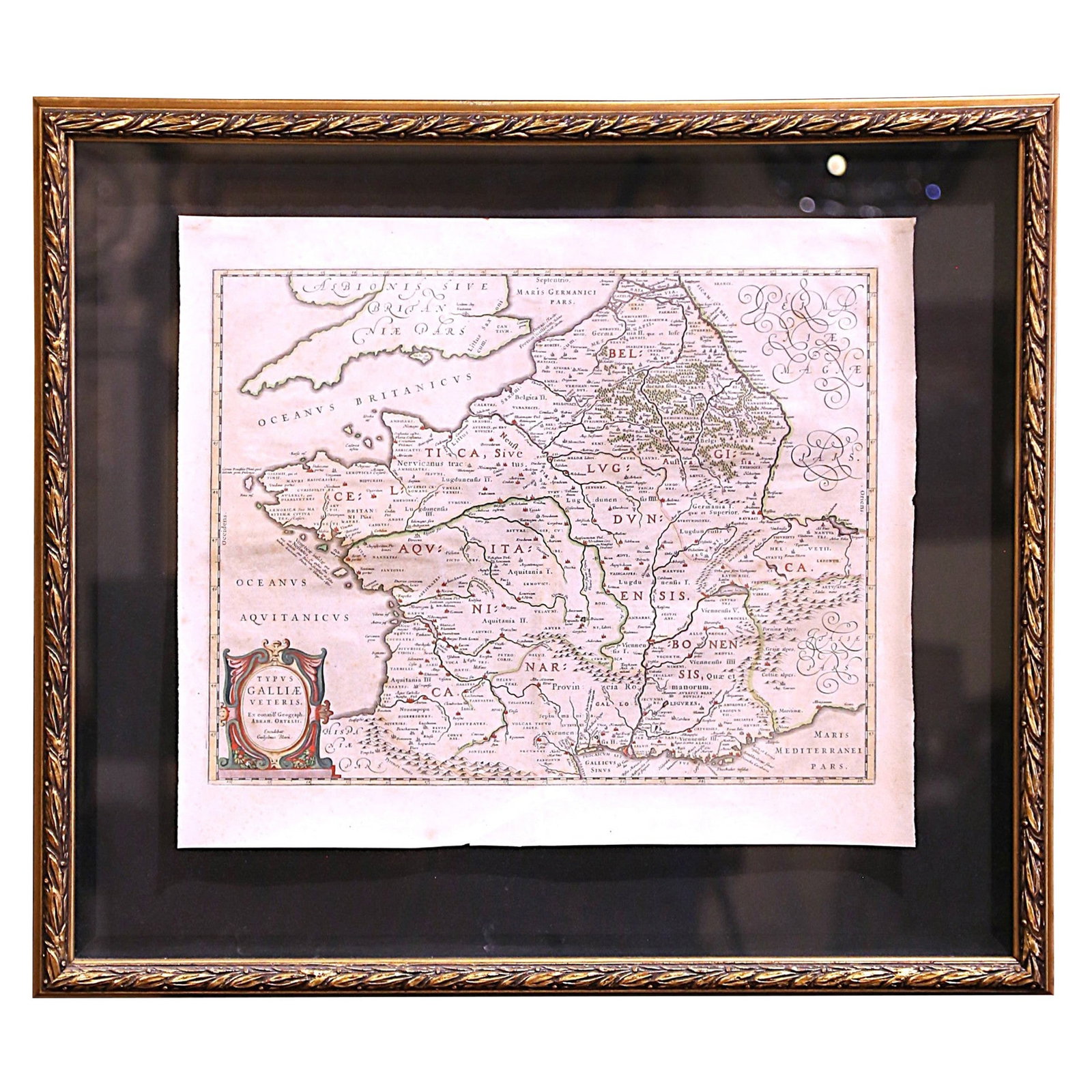 17th Century Baroque Framed Map Typus Galliae Veteris by Ortelius: 17th Century Baroque Framed Map Typus Galliae Veteris by Ortelius This exquisite 17th-century framed map, titled "Typus Galliae Veteris," offers a stunning depiction of Ancient Gaul, now known as mode