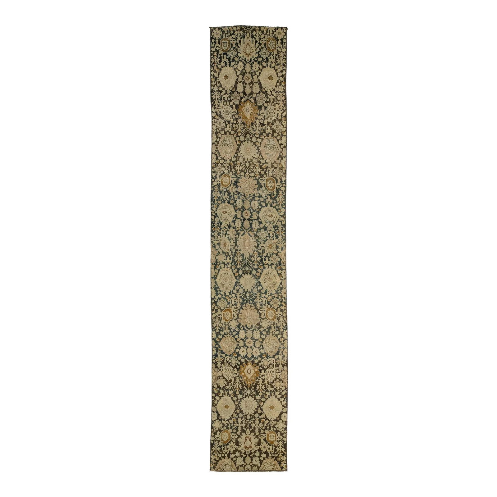 Navy Blue Antique Karabaugh Floral Wool Runner 3 x 17'8: Navy Blue Antique Karabaugh Floral Wool Runner 3 x 17'8 Enhance your home decor with this exquisite handcrafted Karabaugh wool runner, showcasing a rich navy blue field adorned with a delicate all-ove