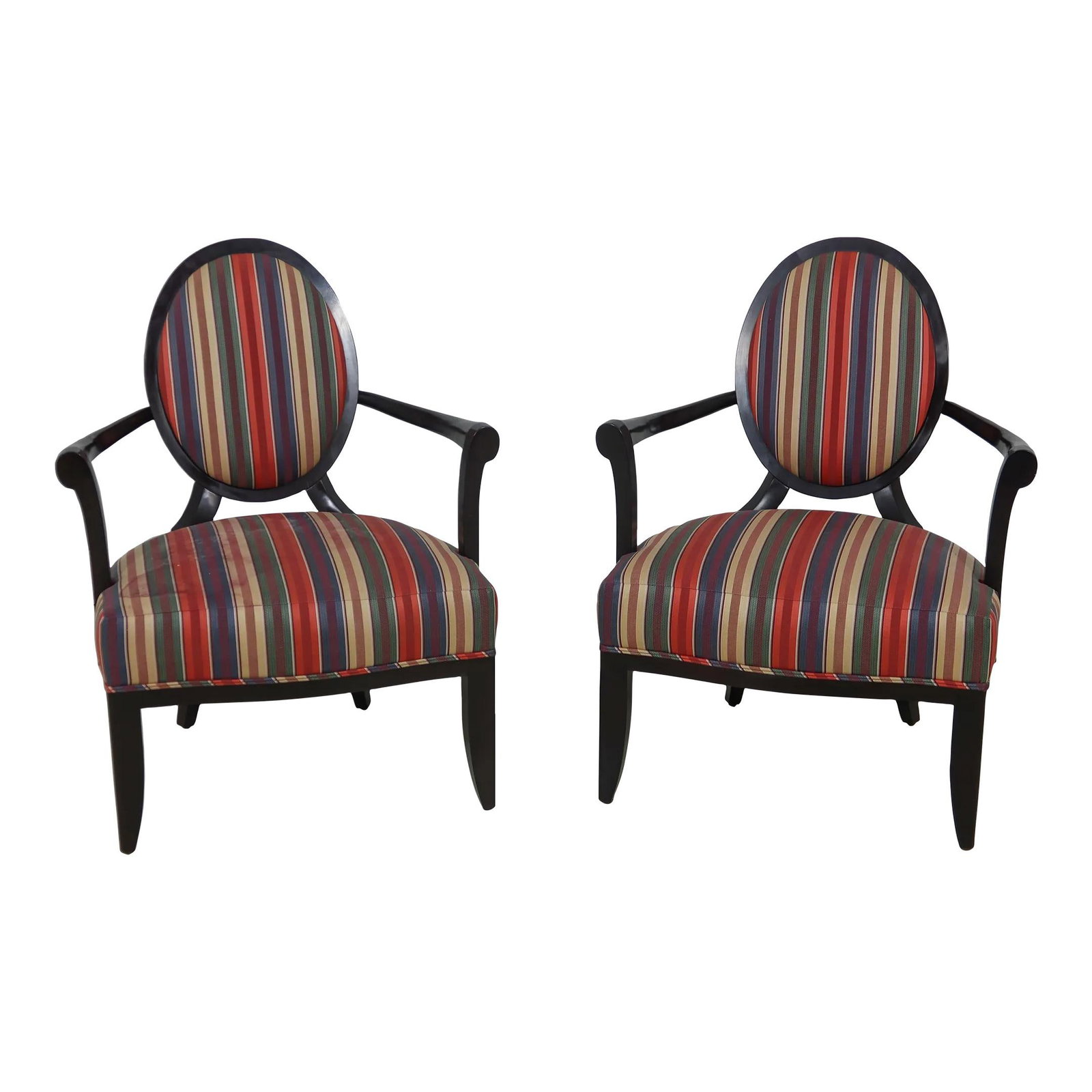 Baker Modern Upholstered Armchairs Dark Mahogany Pair: Baker Modern Upholstered Armchairs Dark Mahogany Pair This pair of modern design upholstered armchairs features a rich, very dark mahogany finish and high-quality construction, making them a stylish a