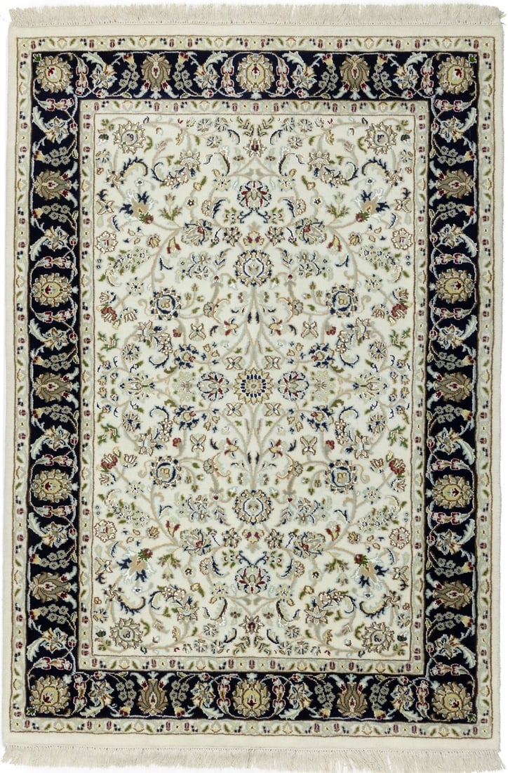 4x6 ft Hand-Knotted Indo-Nain Wool and Silk Area Rug Floral Pattern: 4x6 ft Hand-Knotted Indo-Nain Wool and Silk Area Rug Floral Pattern This handmade Indo-Nain area rug features a classic floral design with a harmonious blend of cream, dark navy, red, light grey, gree