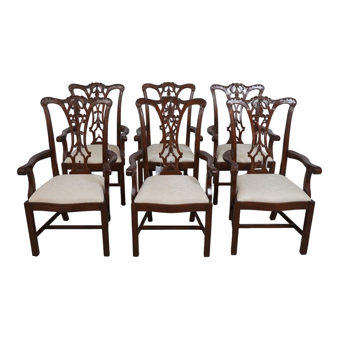 Set of 6 Scarborough House Chippendale Mahogany Armchairs: Set of 6 Scarborough House Chippendale Mahogany Armchairs Enhance your dining experience with this exquisite set of 6 Scarborough House Chippendale-style armchairs, crafted from high-quality mahogany.