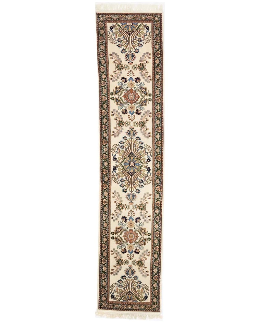 Hand-Knotted Wool Hall Runner Rug 2'7 x 11'9 Floral Modern Design: Hand-Knotted Wool Hall Runner Rug 2'7 x 11'9 Floral Modern Design This handmade oriental runner rug features a floral design in cream, dark green, caramel, pale pink, light blue, and brown tones. Expe
