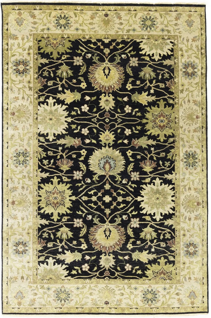 Hand-Knotted Floral Black Osh Chobi Rug 5'11 x 8'11 Modern Design: Hand-Knotted Floral Black Osh Chobi Rug 5'11 x 8'11 Modern Design Enhance your living space with this exquisite hand-knotted black Osh Chobi rug, measuring 5'11" x 8'11". Featuring a captivating flora