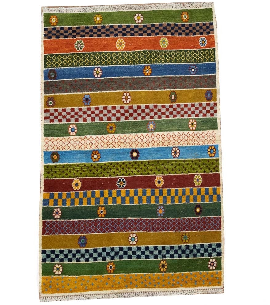 Hand Knotted Wool Tribal Striped Area Rug 3x5 Ft: Hand Knotted Wool Tribal Striped Area Rug 3x5 Ft This vintage handmade rug features a striped tribal Oriental design crafted from wool. The rug is hand-knotted and showcases a multicolored palette, ma