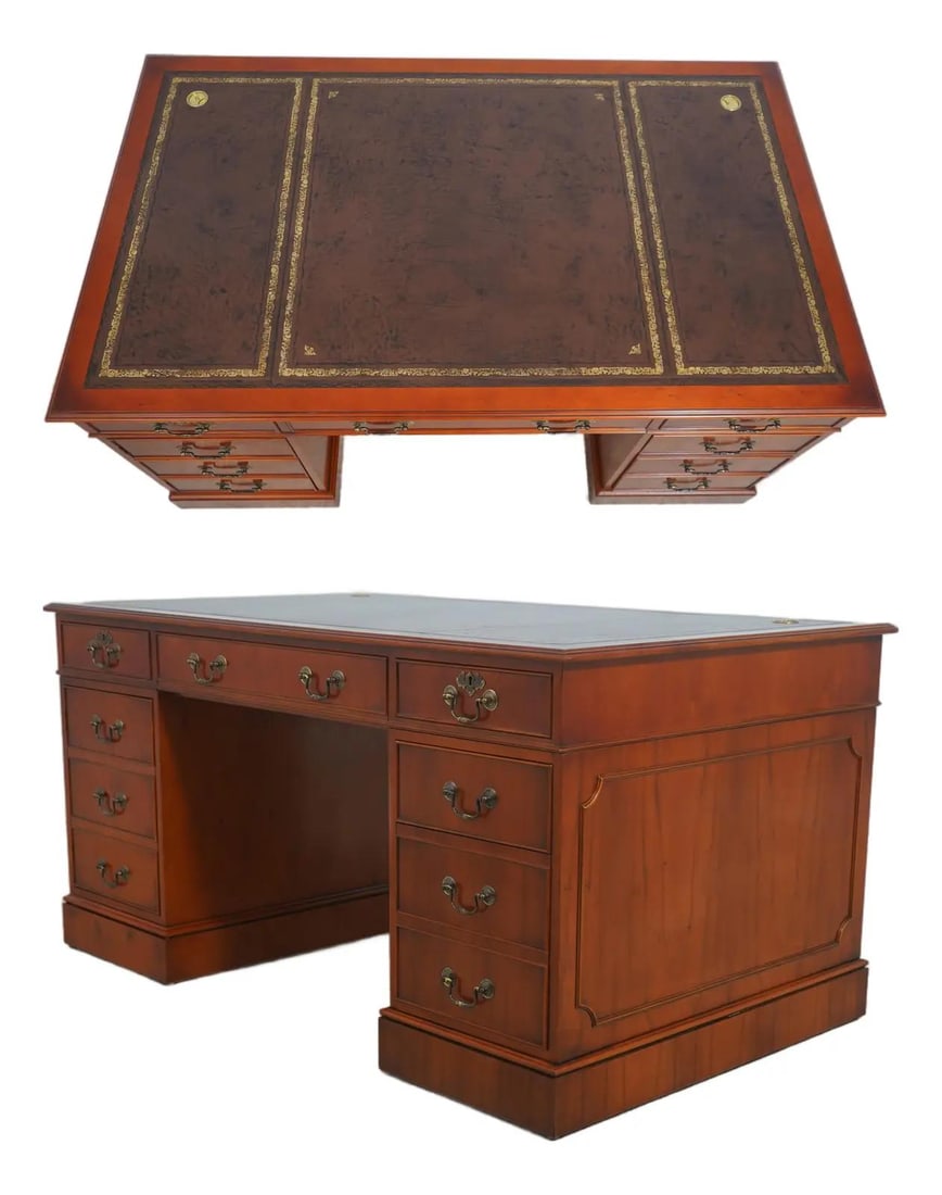 Traditional English Style Yew Wood Desk with Brown Tooled Leather Top (1 of 10)