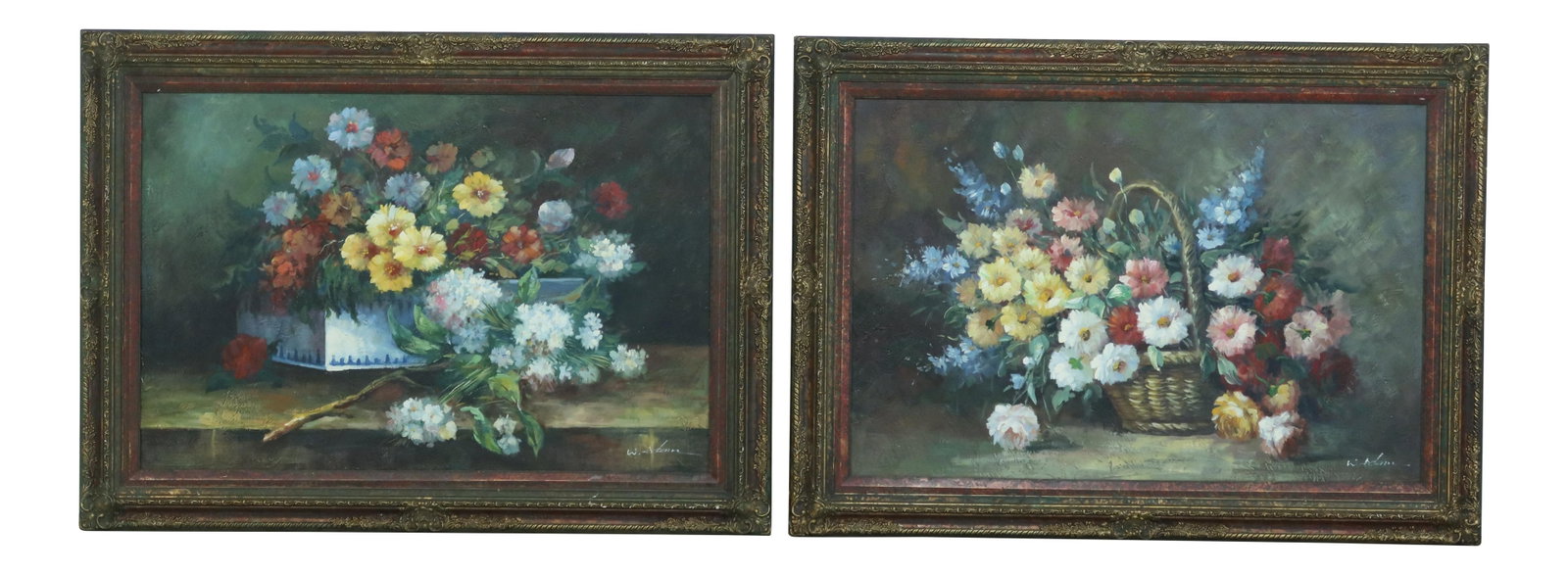 Vibrant Framed Floral Oil Paintings by W.Adam Pair: Vibrant Framed Floral Oil Paintings by W.Adam Pair This stunning pair of framed floral oil paintings on canvas, created by the artist W. Adam, features bright and vibrant colors that will enhance any 