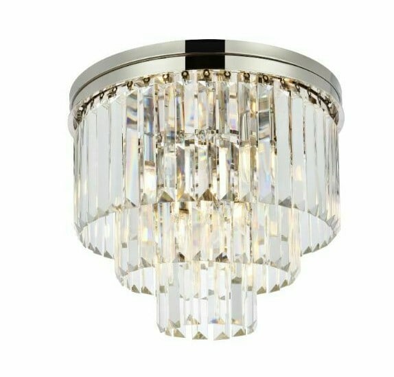 Sydney 9 Light Crystal Flush Mount in Polished Nickel 20": Sydney 9 Light Crystal Flush Mount in Polished Nickel 20" Modern 9-light flush mount chandelier with clear crystals and a polished nickel frame. The fixture is hardwired and designed for indoor use, w