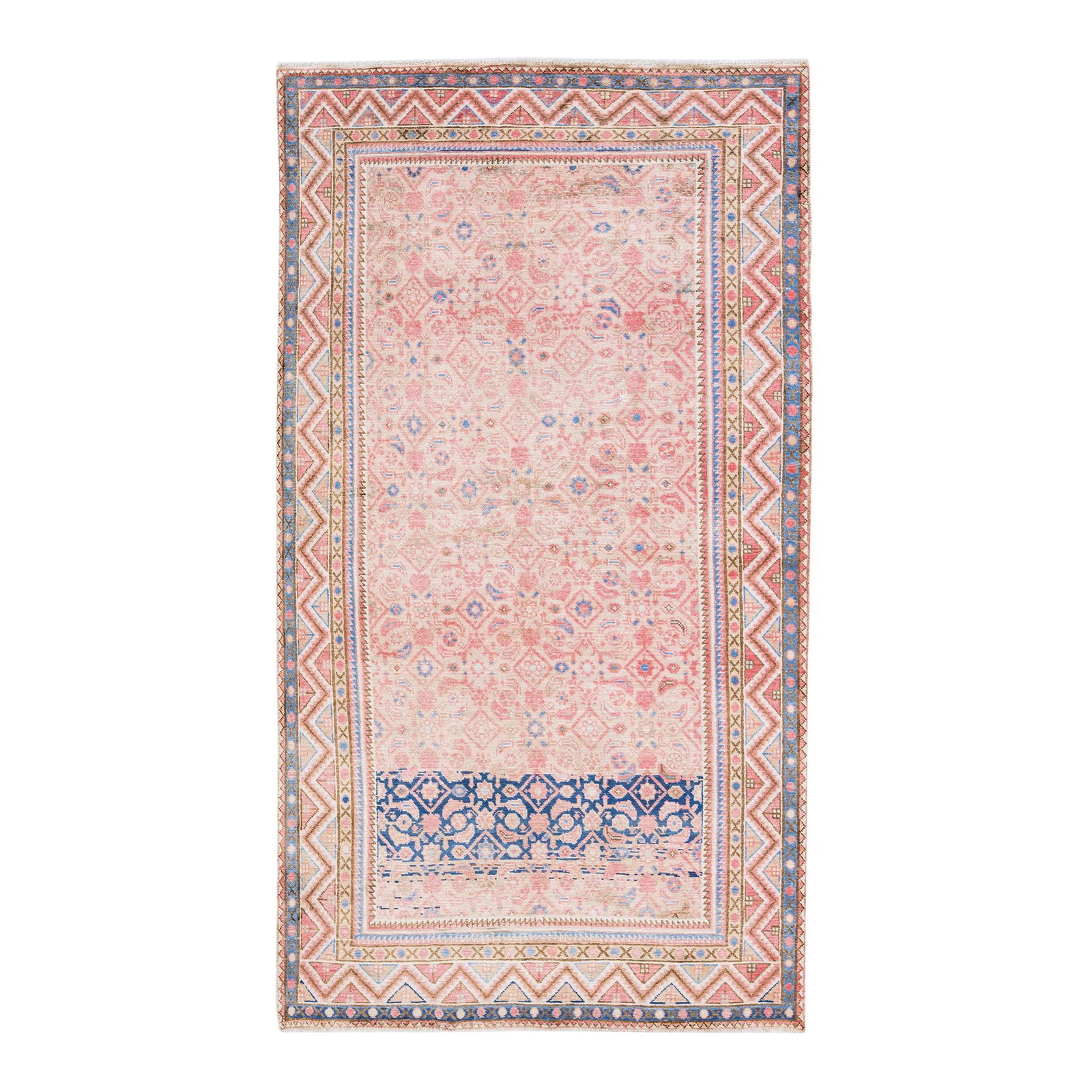 Vintage Persian Heriz Handmade Pink Wool Rug 5' x 9'5: Vintage Persian Heriz Handmade Pink Wool Rug 5' x 9'5 This stunning vintage Persian Heriz rug showcases a hand-knotted design with a beautiful pink field, complemented by a beige frame and vibrant mul