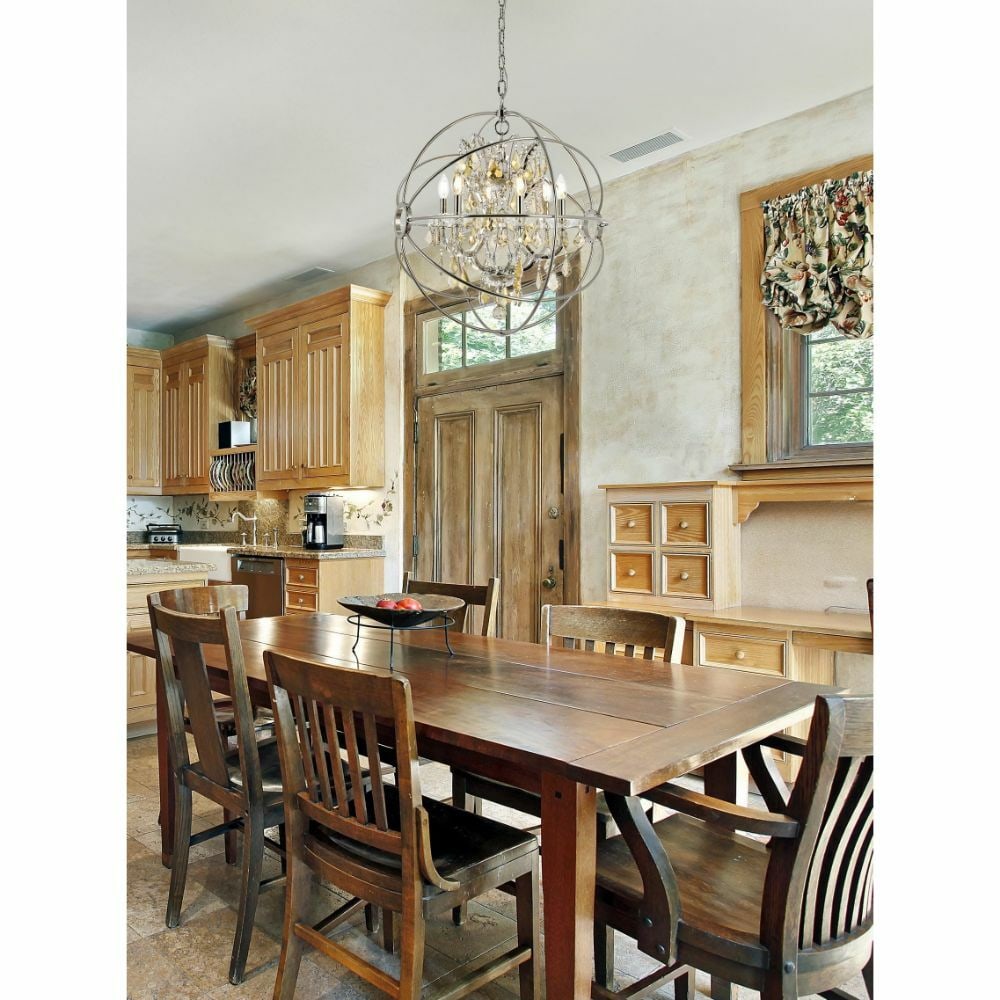 Geneva 6-Light Polished Nickel Crystal Orb Chandelier 25 inch: Geneva 6-Light Polished Nickel Crystal Orb Chandelier 25 inch This modern chandelier features a polished nickel globe frame adorned with golden teak crystals, offering a striking contemporary design. 