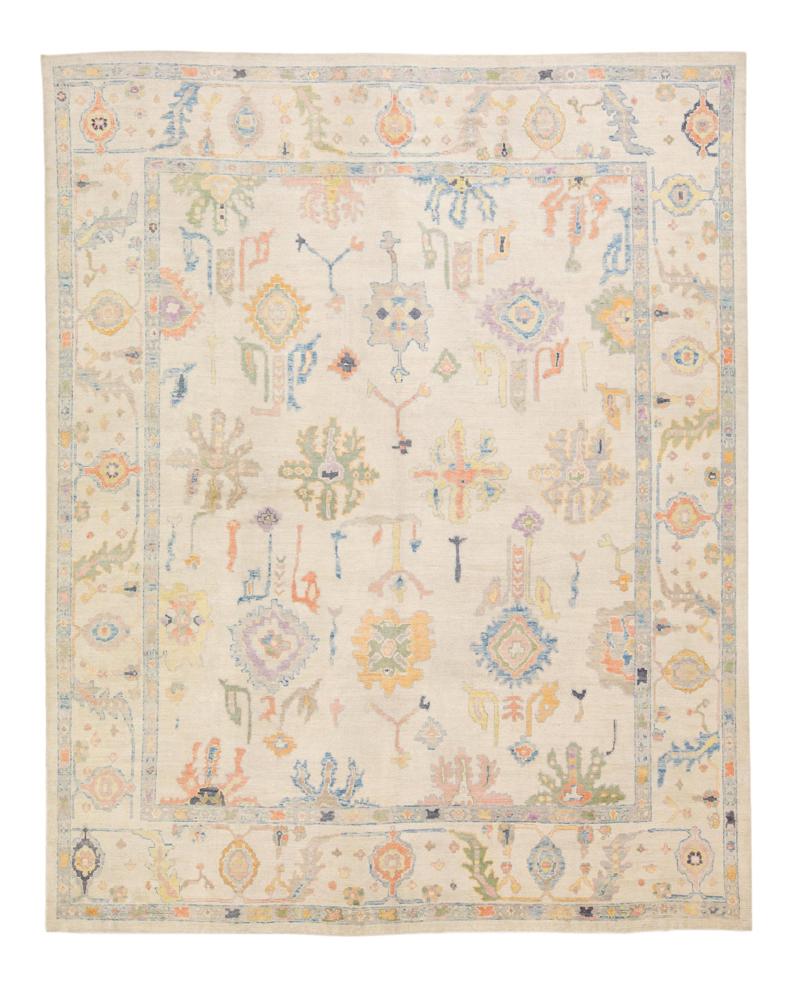 Oversized Beige Wool Oushak Rug with Floral Design 14'4 x 17'11: Oversized Beige Wool Oushak Rug with Floral Design 14'4 x 17'11 Enhance your space with this stunning modern Oushak hand-knotted wool rug, featuring a stylish beige field adorned with a vibrant geomet