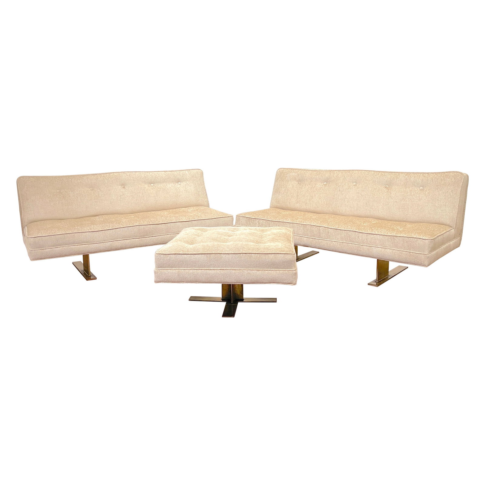 Set of 3 Italian Bronze Mid-Century Sectional Sofas and Ottoman: Set of 3 Italian Bronze Mid-Century Sectional Sofas and Ottoman This Italian Mid-Century Modern 'Floating' sectional set from the 1970s features a striking sculptural design in cast bronze. Comprising