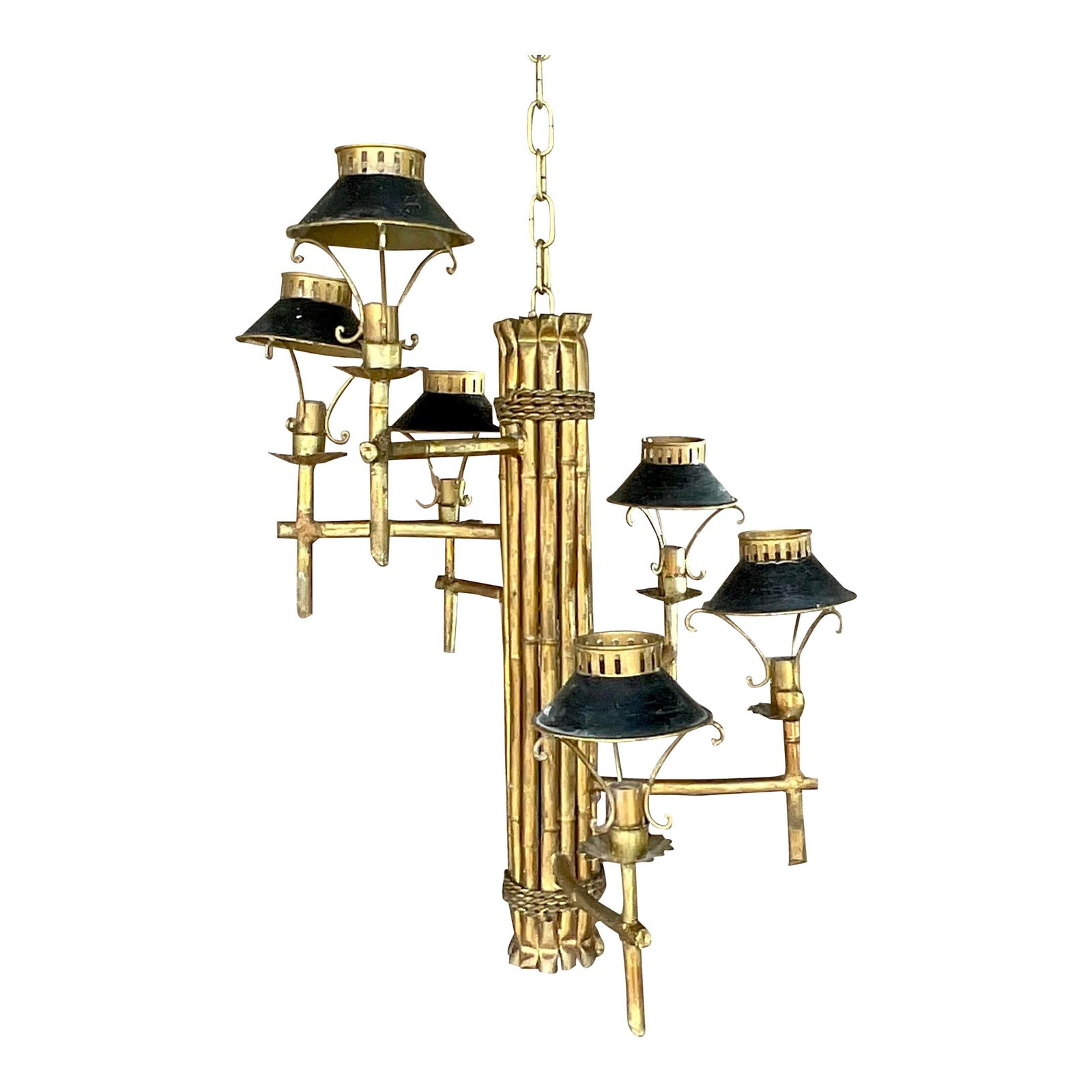 Vintage Regency Gilt Bamboo Spiral Chandelier Palm Beach Estate: Vintage Regency Gilt Bamboo Spiral Chandelier Palm Beach Estate Illuminate your space with this stunning vintage Regency spiral chandelier. Featuring a chic gilt bamboo center post and a spiral arrang