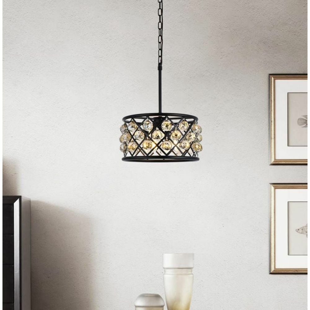 Madison 4-Light Crystal Pendant Matte Black 16 in: Madison 4-Light Crystal Pendant Matte Black 16 in This modern 4-light pendant chandelier features a matte black finish with golden teak faceted royal cut crystal balls. It is hardwired, height-adjusta