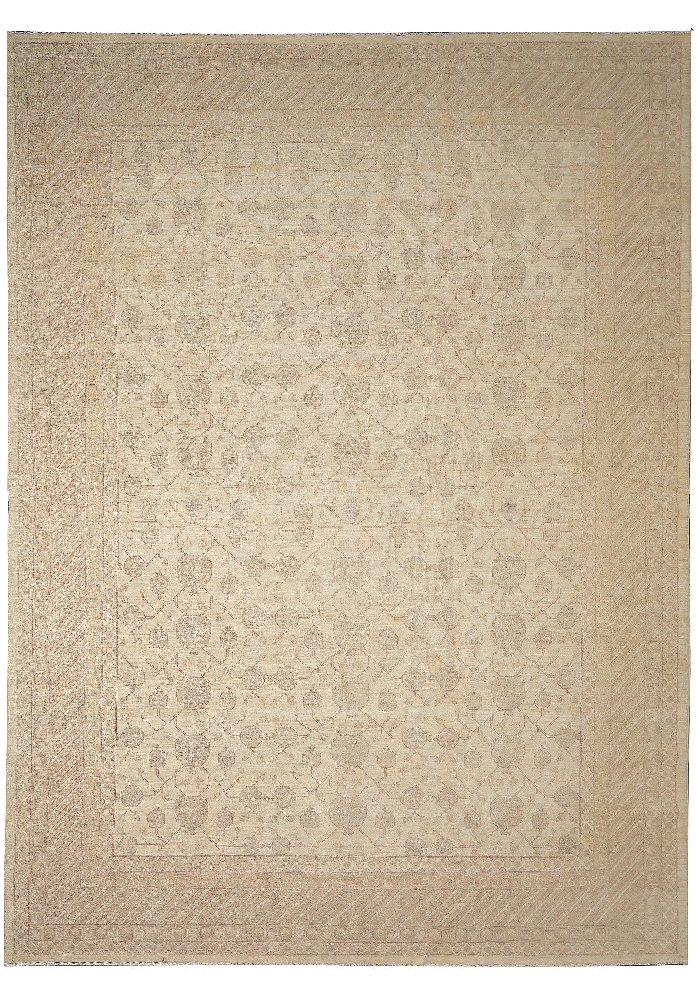 14 x 20 Natural Chobi Peshawar Hand Knotted Wool Oversize Rug: 14 x 20 Natural Chobi Peshawar Hand Knotted Wool Oversize Rug Free continental US Shipping This oversize Natural Chobi rug is a handcrafted statement piece with soft, pale, washed-out colors and a cla