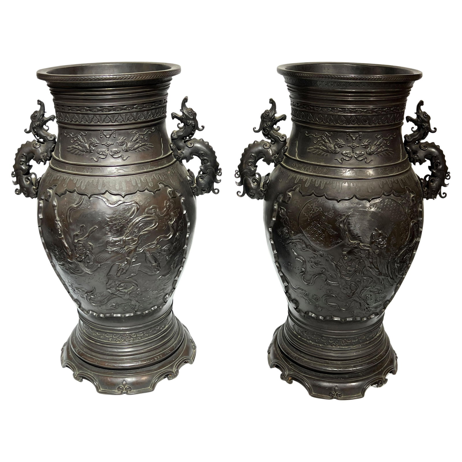 Set of Two Meiji Period Japanese Bronze Vases with Dragon Handles (1 of 9)