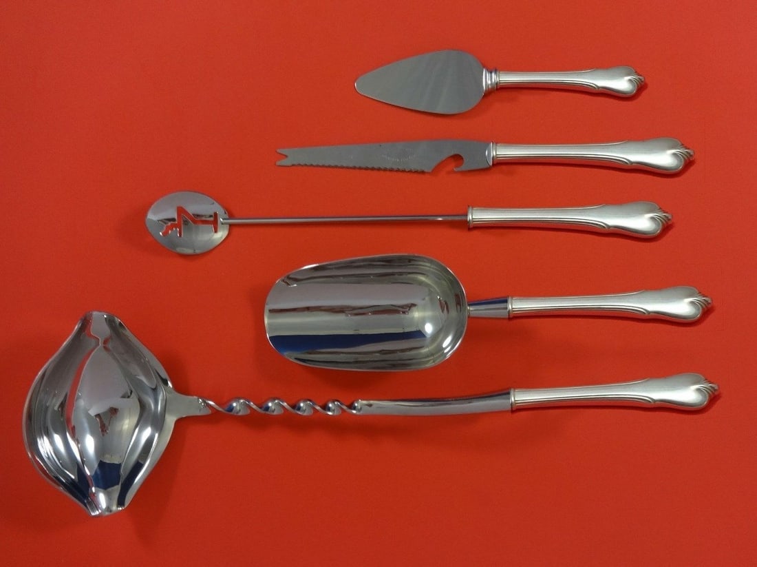 Grand Colonial Wallace Sterling Silver 5pc Cocktail Bar Set: Grand Colonial Wallace Sterling Silver 5pc Cocktail Bar Set Elevate your entertaining experience with this exquisite Grand Colonial by Wallace Sterling Silver Cocktail Party Bar Serving Set. Crafted f