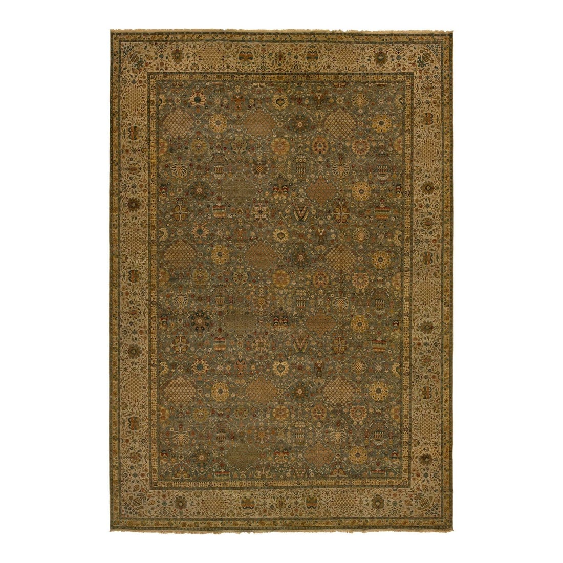 Modern Tabriz Style 14'3 x 20'8 Wool Rug Green Floral Design: Modern Tabriz Style 14'3 x 20'8 Wool Rug Green Floral Design Enhance your home with this stunning Modern Tabriz-style hand-knotted wool rug, showcasing an exquisite floral design. The elegant combinat