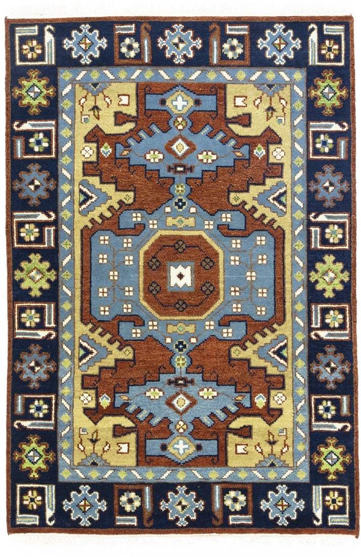 Hand-Knotted Wool Tribal Geometric Area Rug in Rust 4'0 x 5'11: Hand-Knotted Wool Tribal Geometric Area Rug in Rust 4'0 x 5'11 This hand-knotted wool Kazak rug features a geometric tribal design in rust, dark navy, beige, sky blue, and green tones. It is rectangul