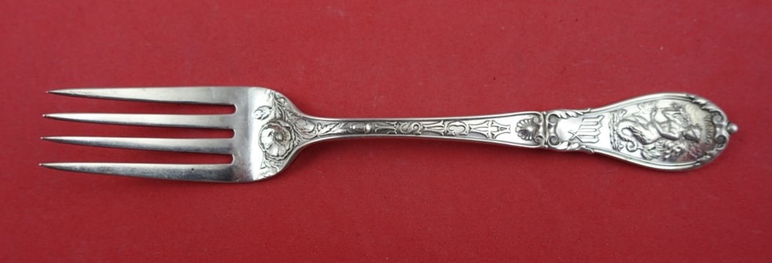 Sterling Silver Virgo Tea Fork Zodiac Pattern 5 3/4 Inch: Sterling Silver Virgo Tea Fork Zodiac Pattern 5 3/4 Inch This is a Gorham sterling silver tea fork from the Zodiac pattern, featuring the Virgo design for August. The fork measures 5 3/4 inches in len