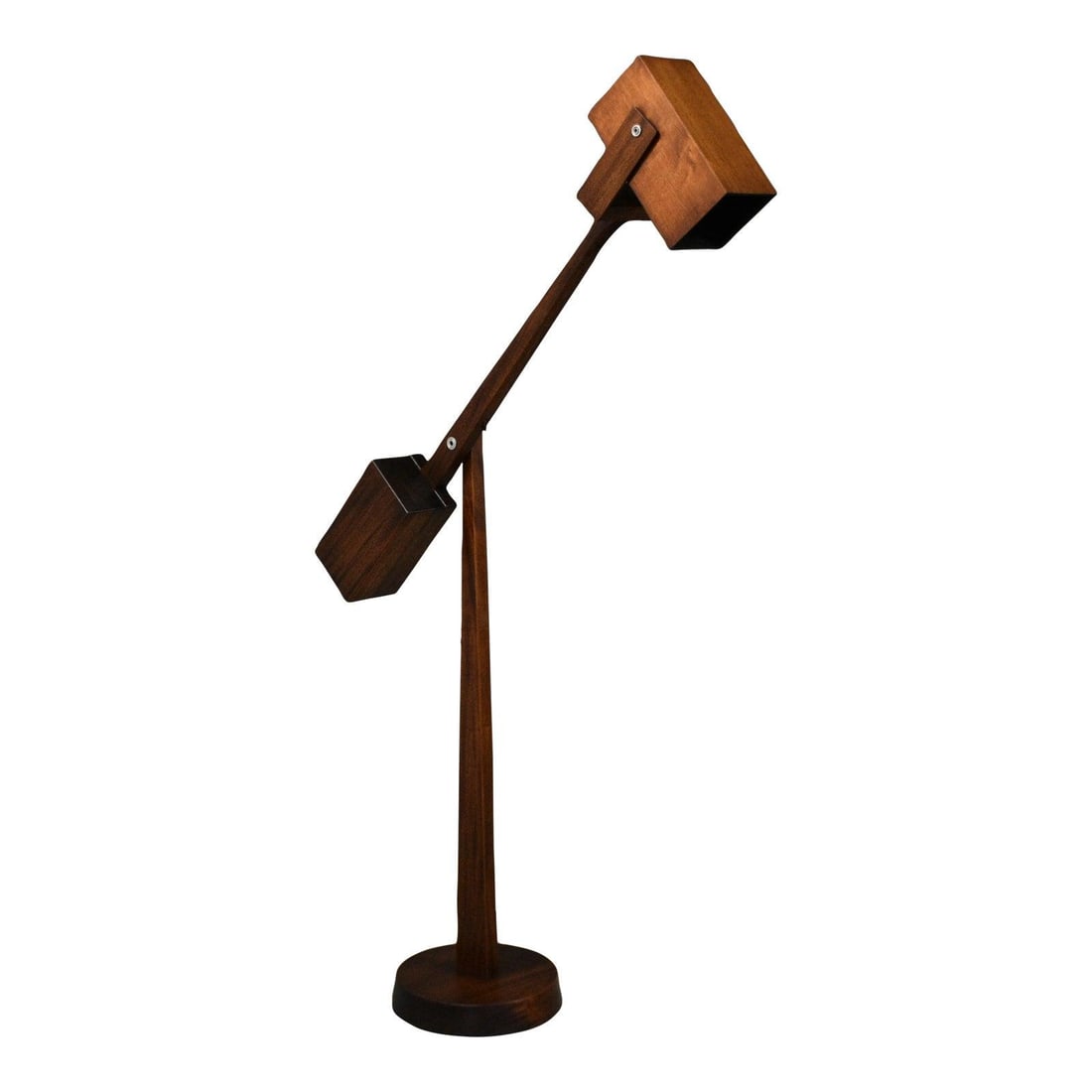 Mid Century Modern Mahogany Floor Lamp with Tilt Head by Montague: Mid Century Modern Mahogany Floor Lamp with Tilt Head by Montague This mid-century modern floor lamp, crafted from mahogany by Montague in the 1960s, features a large design with a tilt head for adjus