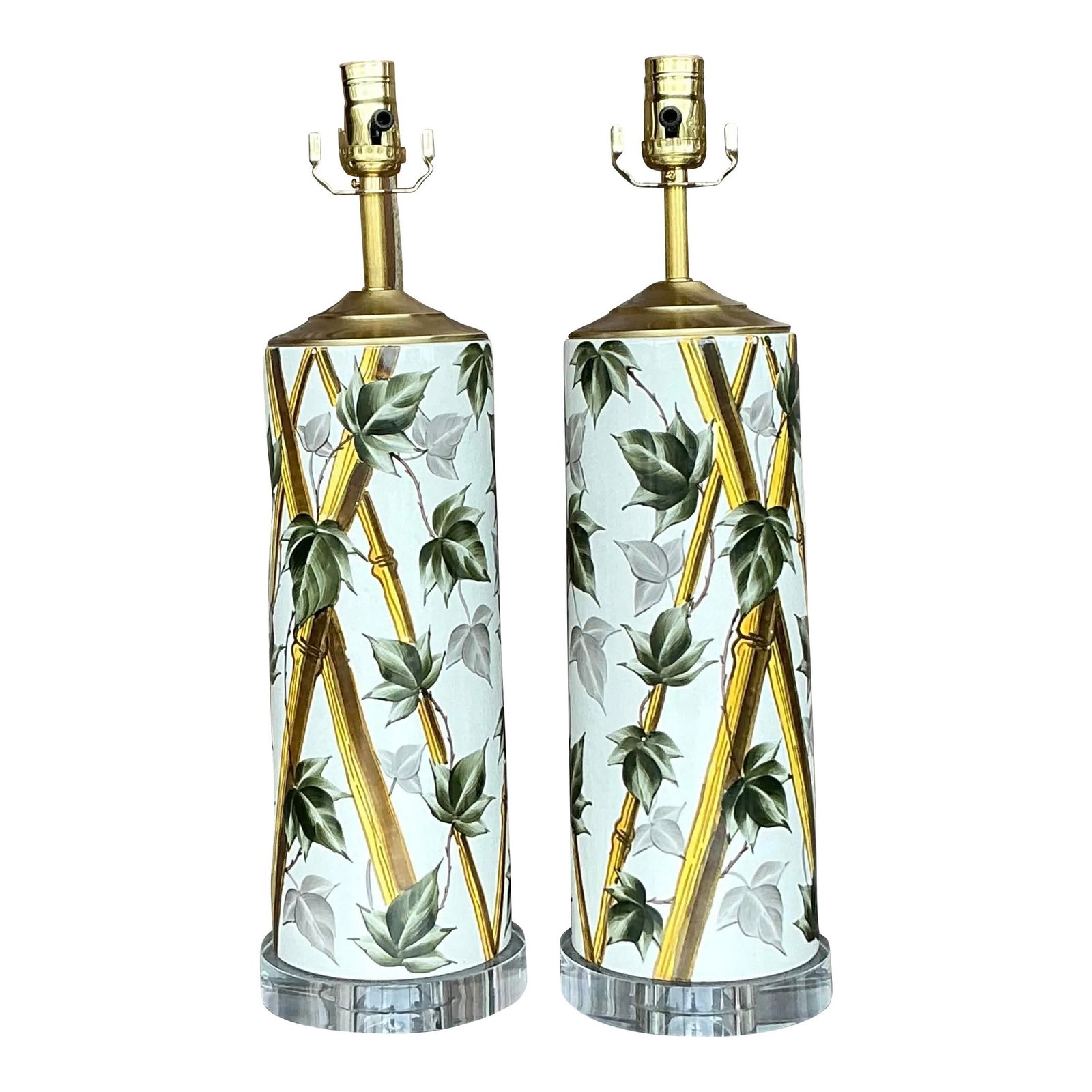 Pair of Vintage Coastal Bamboo Vine Glazed Ceramic Lamps Alabaster Finish (1 of 7)