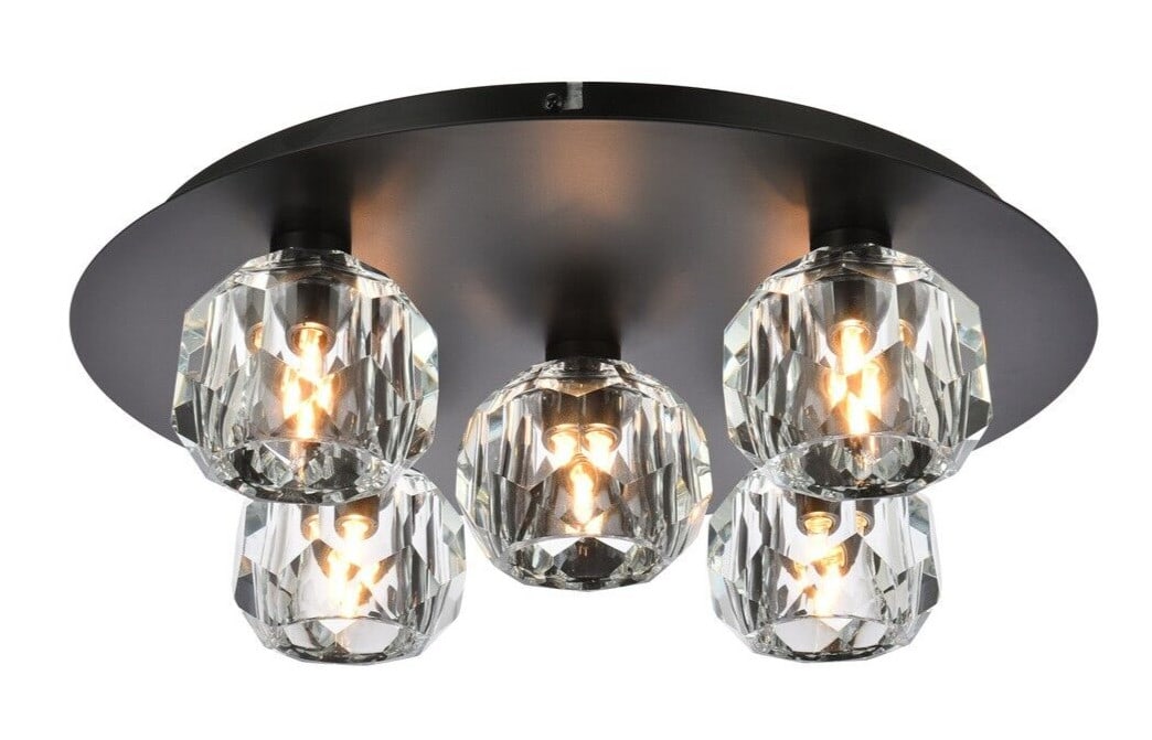 Graham 5 Light Black Crystal Flush Mount Chandelier 15.8 inch: Graham 5 Light Black Crystal Flush Mount Chandelier 15.8 inch This modern flush mount chandelier features five lights and a striking black iron frame with clear crystal shades. Designed for indoor ins