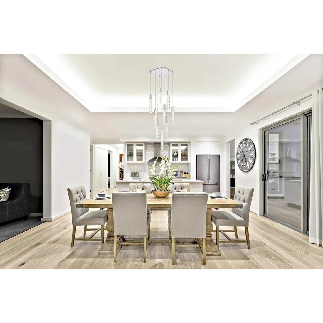 Aurora 9 Light Chrome Crystal Pendant Chandelier 20 Inch: Aurora 9 Light Chrome Crystal Pendant Chandelier 20 Inch This modern crystal chandelier features a chrome-plated finish and a rectangular shade design, ideal for enhancing dining rooms, living rooms, 