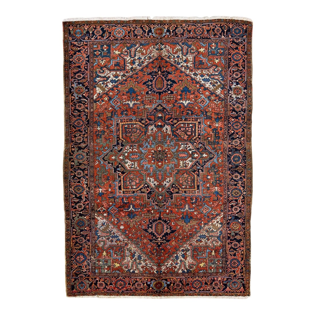 Antique Heriz Handmade Wool Rug 7'8 x 10'10 Medallion Design Rust Field: Antique Heriz Handmade Wool Rug 7'8 x 10'10 Medallion Design Rust Field This exquisite antique Heriz rug showcases a beautifully hand-knotted wool construction with a striking rust field. It features 