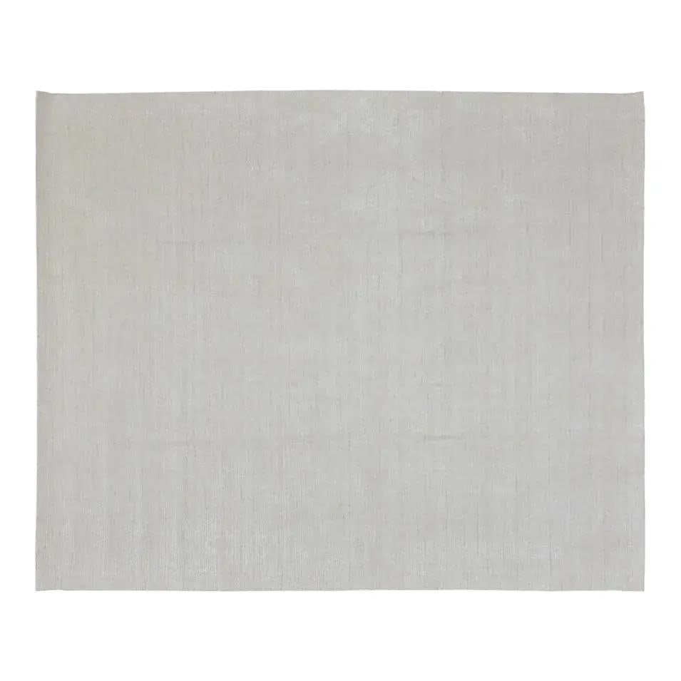 9'1 x 12' Hand Loomed Wool Silk Minimalist Modern Indian Area Rug: 9'1 x 12' Hand Loomed Wool Silk Minimalist Modern Indian Area Rug This contemporary hand-loomed rug features a minimalist design in white, crafted from a blend of wool and silk. The rug is pre-owned a