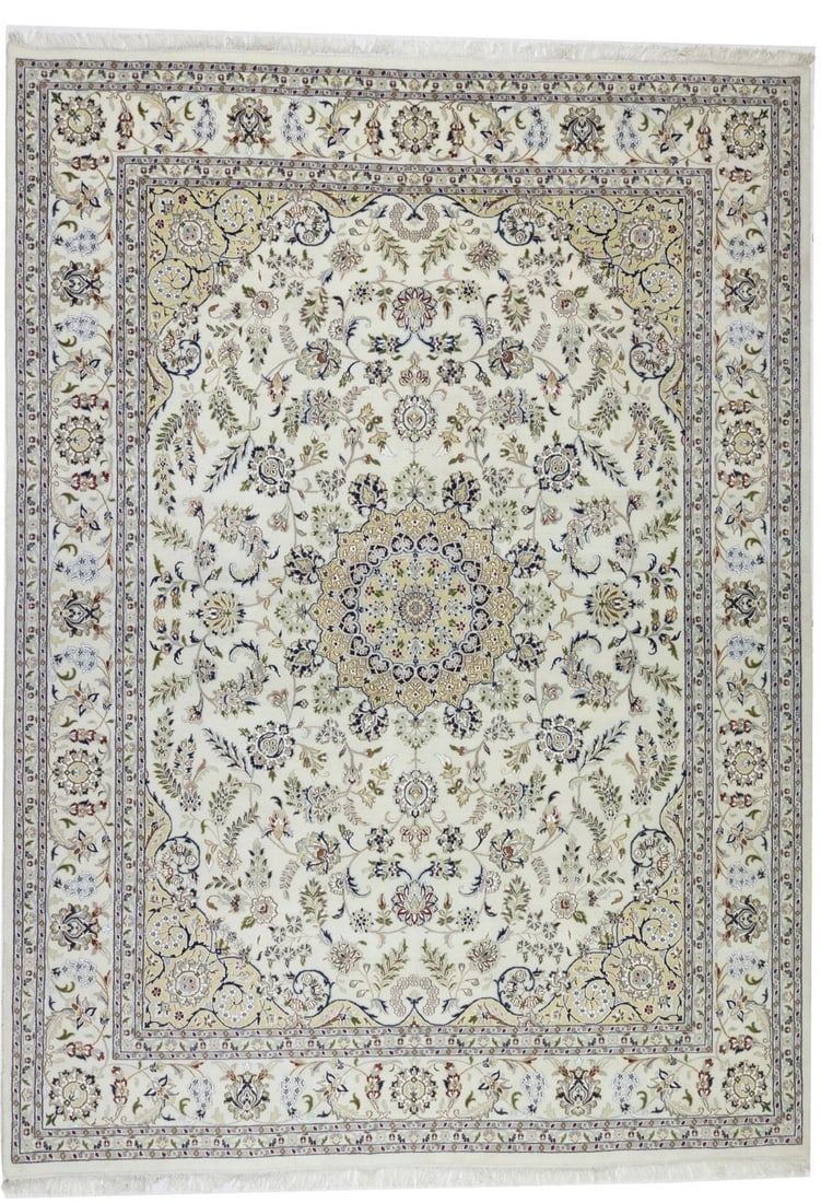 Hand-Knotted Wool and Silk Indo-Nain Area Rug 8'3 x 11'6 Floral Pattern: Hand-Knotted Wool and Silk Indo-Nain Area Rug 8'3 x 11'6 Floral Pattern This handmade Indo-Nain Oriental rug features a traditional floral pattern with a blend of cream, buff, red, dark navy, light gr