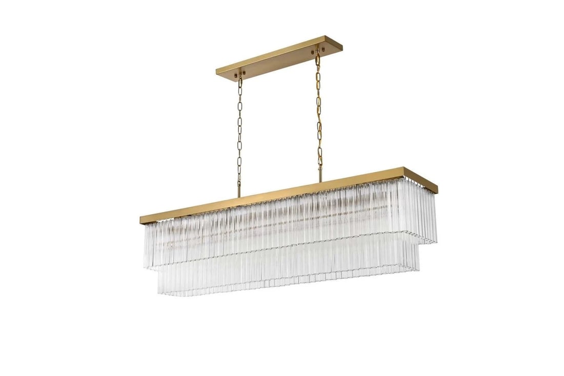 Harlow 9-Light Satin Gold LED Chandelier 53 in: Harlow 9-Light Satin Gold LED Chandelier 53 in Modern 9-light ceiling chandelier in a satin gold finish with clear glass. It is hardwired, dimmable, height-adjustable, and rated for indoor use. The fi
