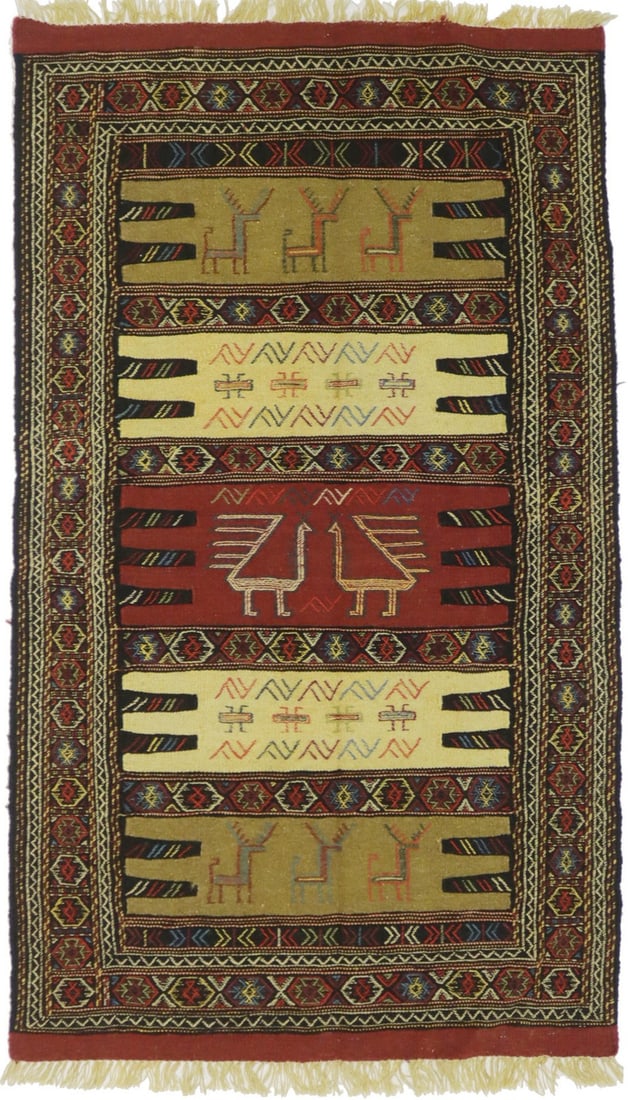 Handmade 3'3 x 5'7 Sumak Herati Wool Rug Multicolor Geometric Tribal Design: Handmade 3'3 x 5'7 Sumak Herati Wool Rug Multicolor Geometric Tribal Design Enhance your space with this stunning 3'3" x 5'7" Sumak Herati Oriental Rug, meticulously hand-loomed from high-quality wool