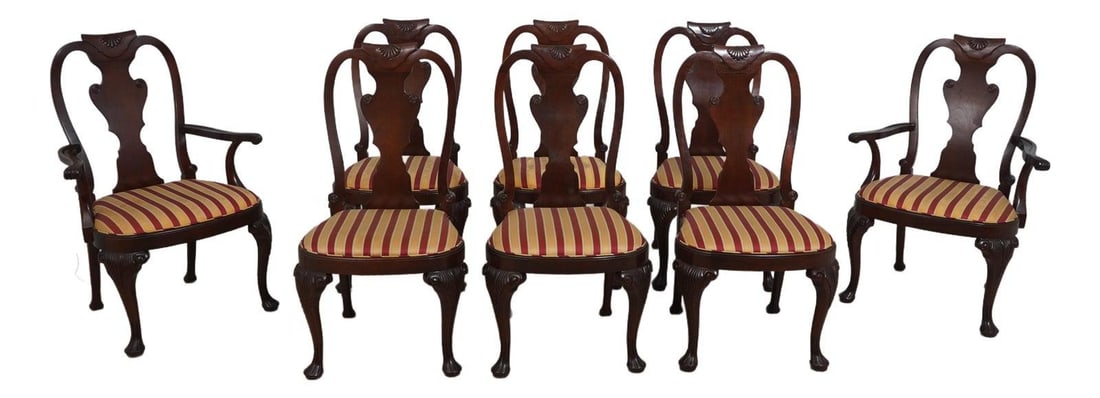 Elegant Set of 8 Baker Mahogany Dining Chairs with Striped Upholstery: Elegant Set of 8 Baker Mahogany Dining Chairs with Striped Upholstery This elegant set of 8 dining room chairs showcases timeless design and quality craftsmanship. The chairs feature a rich reddish ma