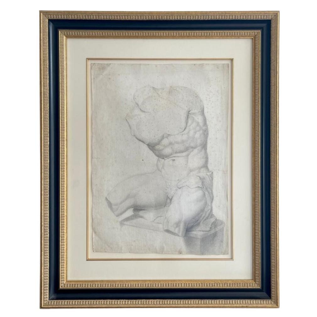 18th Century Grand Tour Drawing of Seated Male Nude Torso Italy: 18th Century Grand Tour Drawing of Seated Male Nude Torso Italy This exquisite 'Grand Tour' Old Master drawing features a seated male nude antique statue torso, originating from Italy and dating back 