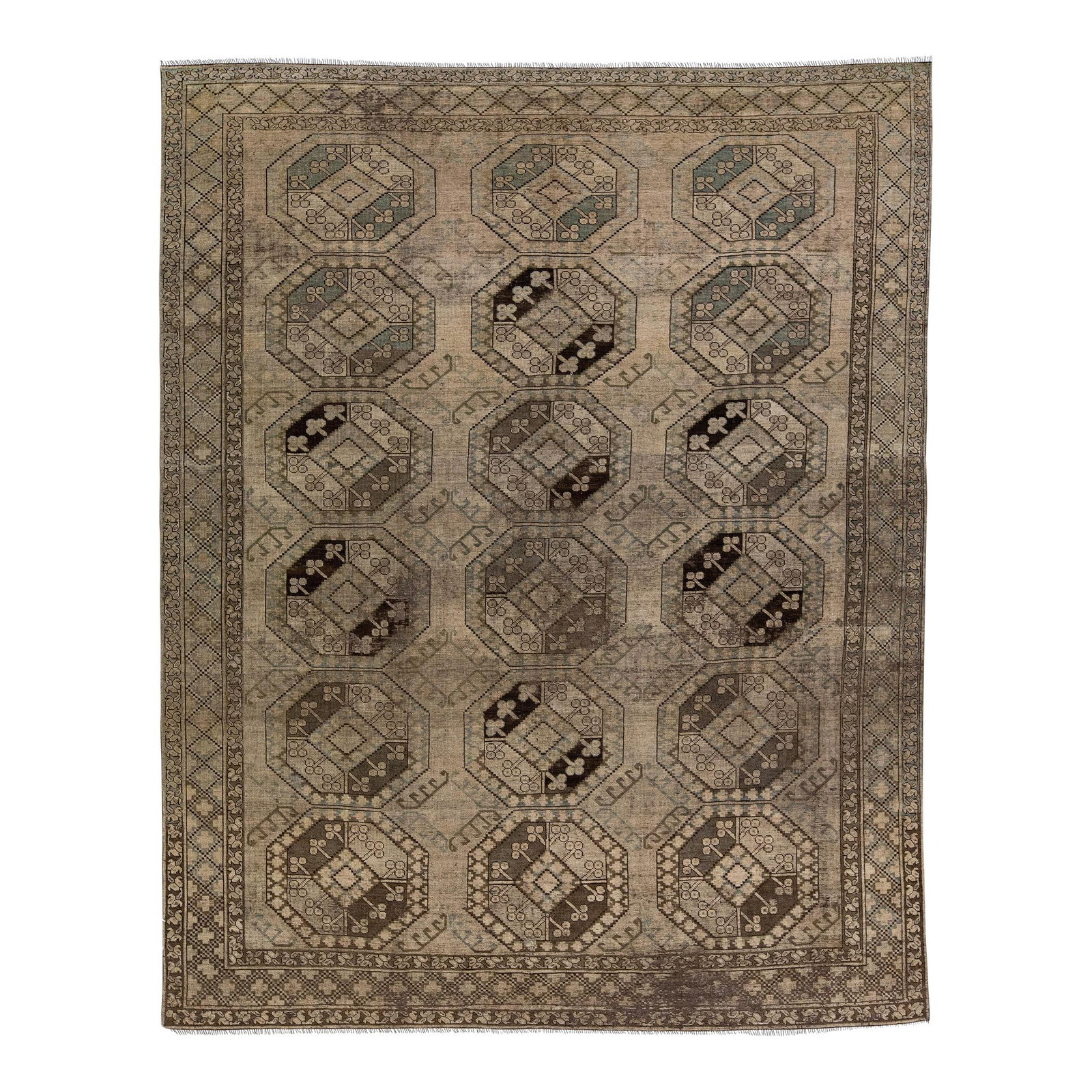 1930s Handmade Persian Turkmen Wool Rug 7'3 x 9'4 Geometric Design: 1930s Handmade Persian Turkmen Wool Rug 7'3 x 9'4 Geometric Design Discover this exquisite antique Turkmen hand-knotted wool rug, showcasing a stunning light brown color field complemented by a captiv