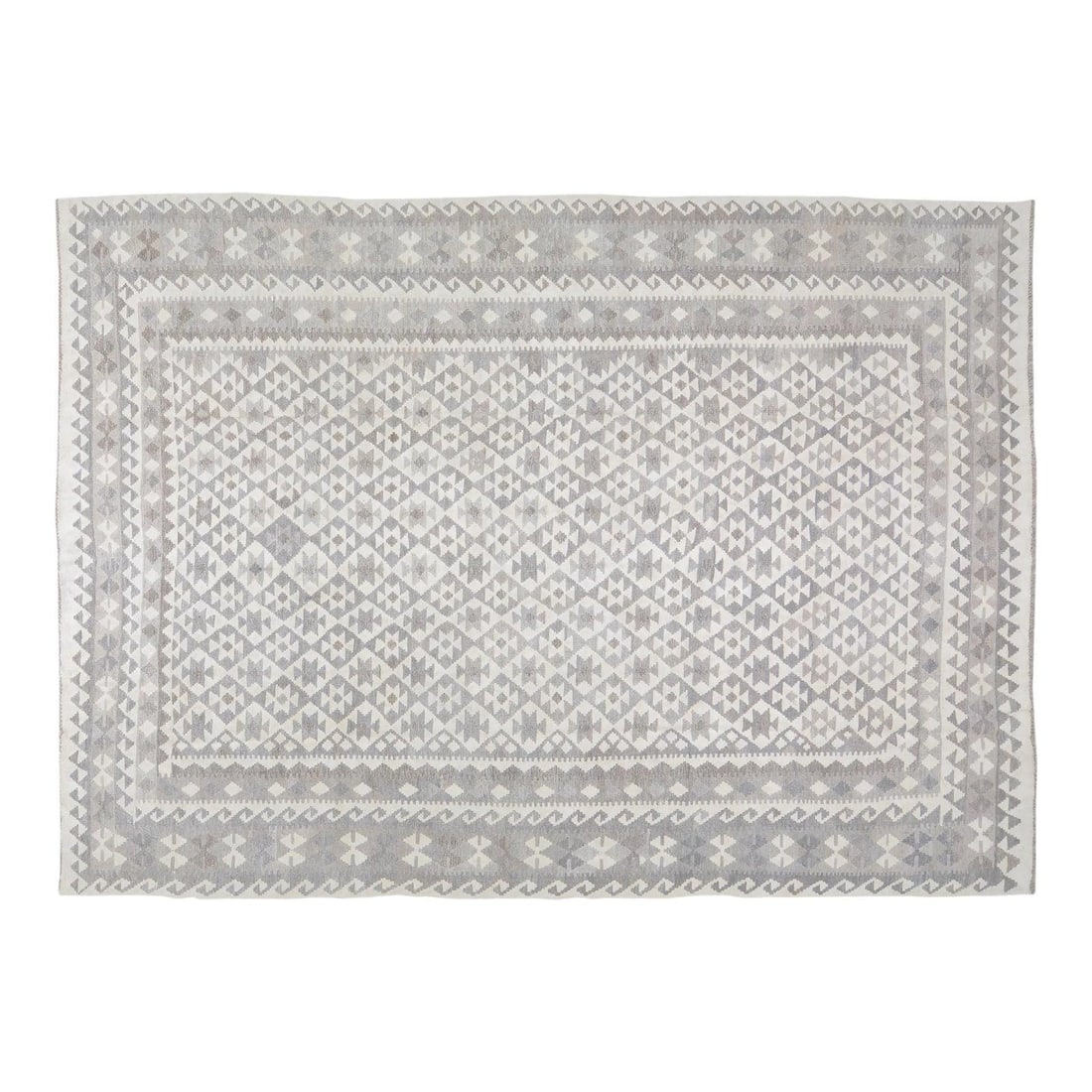 Afghan Tribal Wool Kilim Rug in Gray Flatweave 8'3" x 11'4": Afghan Tribal Wool Kilim Rug in Gray Flatweave 8'3" x 11'4" This Afghan tribal flatweave kilim from the 1980s features a hand-woven construction using natural wool fibers, offering a soft texture and 