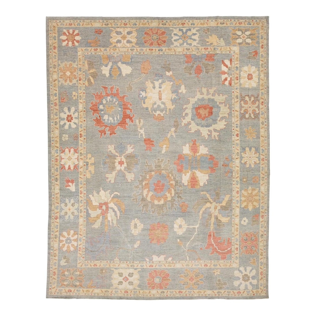 Modern Oushak Style Wool Rug 12'2 x 15'6 Floral Slate Blue Palette: Modern Oushak Style Wool Rug 12'2 x 15'6 Floral Slate Blue Palette This modern Oushak style area rug features a hand-knotted construction using high-quality wool. It showcases a slate blue field adorn