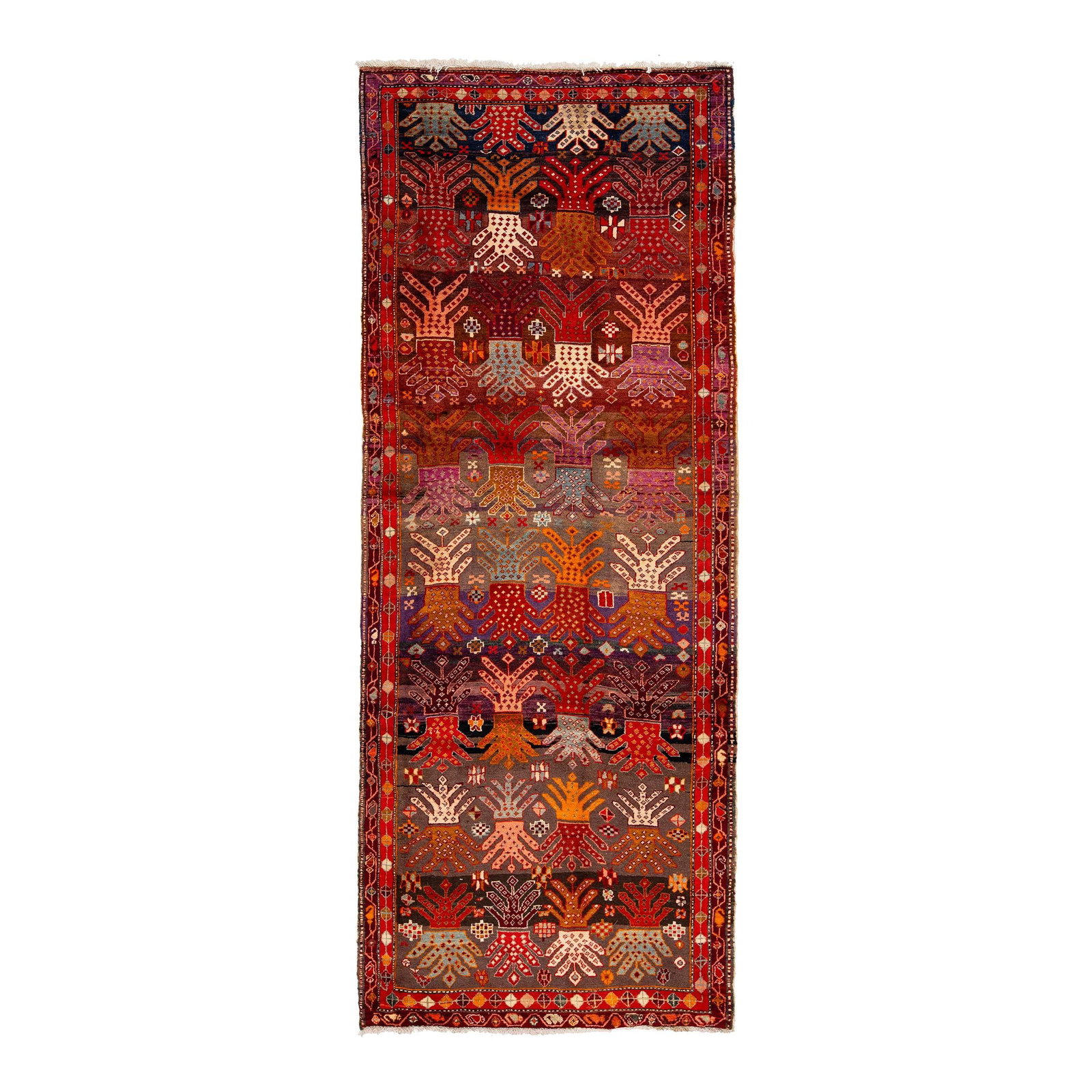 Vintage Hand-Knotted Shiraz Persian Wool Rug Multicolor 3'11 x 9'11: Vintage Hand-Knotted Shiraz Persian Wool Rug Multicolor 3'11 x 9'11 This exquisite vintage Shiraz wool rug features a captivating hand-knotted design with vibrant multicolor accents throughout. Measur