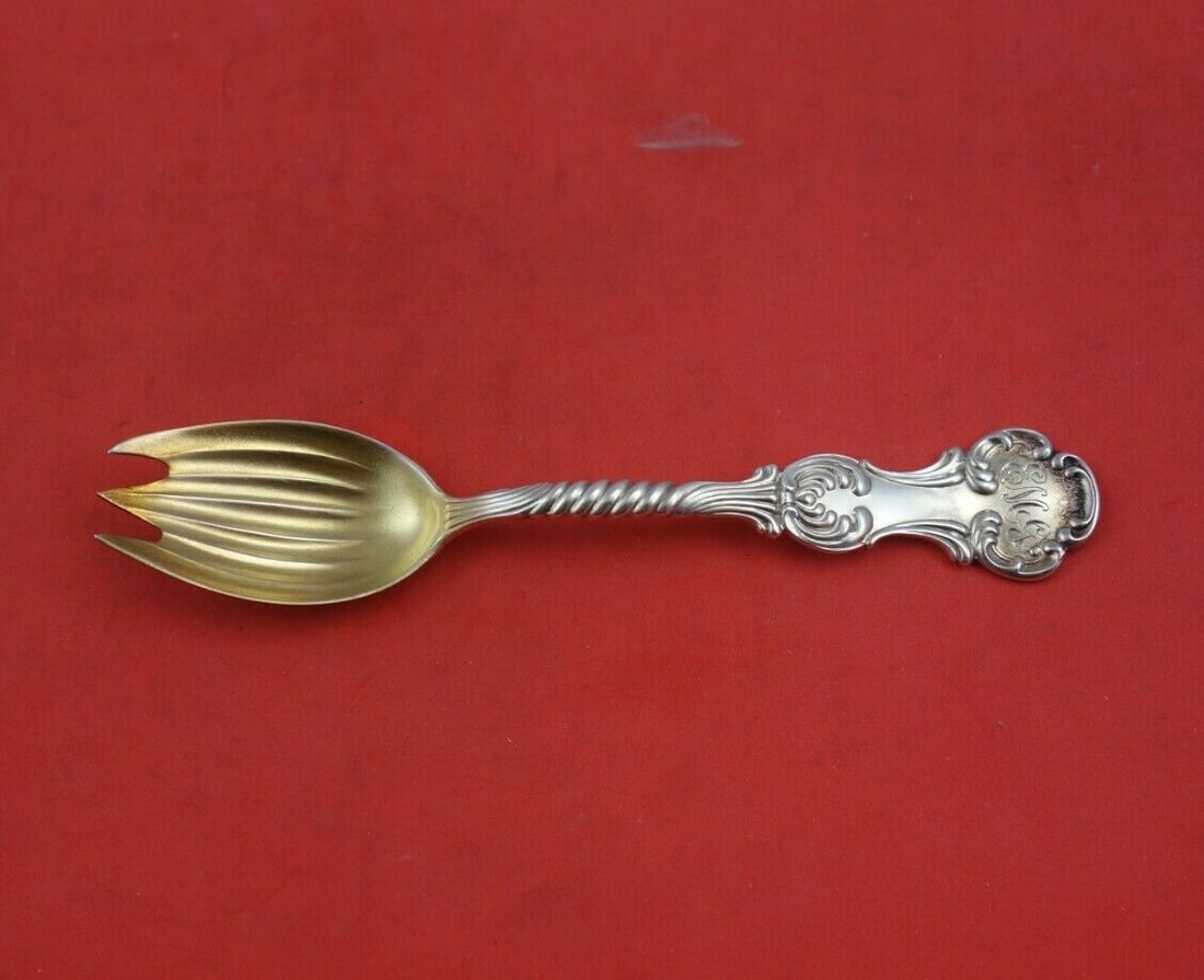 Shiebler Louvre Sterling Silver Ice Cream Fork Gold-Washed 5.5 Inch: Shiebler Louvre Sterling Silver Ice Cream Fork Gold-Washed 5.5 Inch This exquisite ice cream fork, crafted by Shiebler, features the elegant Louvre pattern and is made from high-quality sterling silve