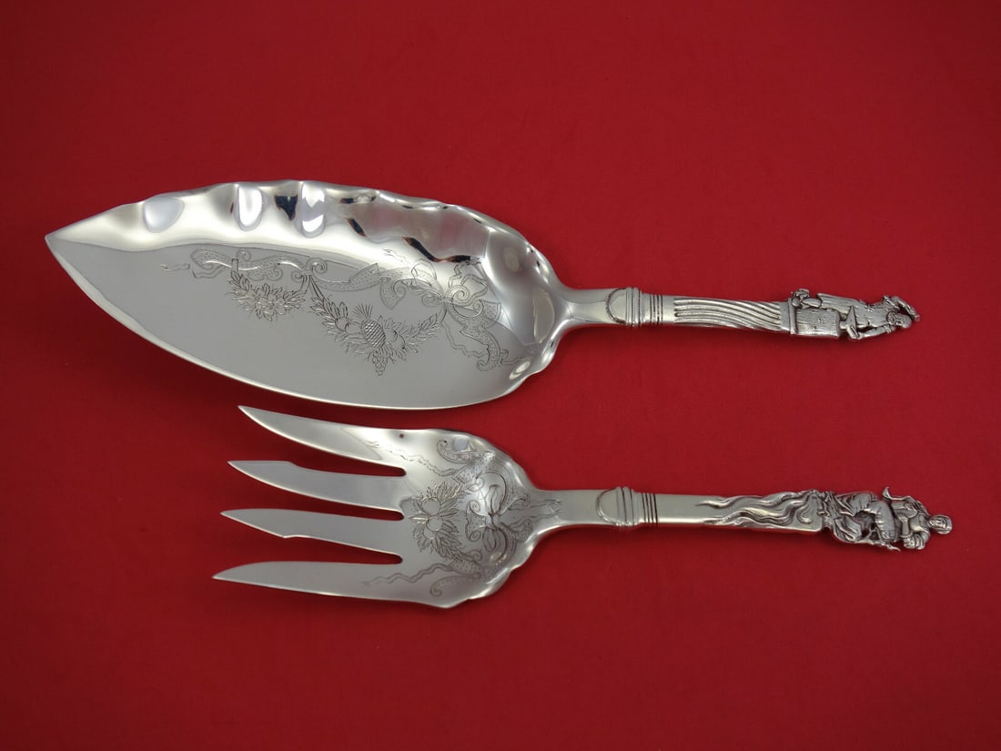 Gorham Nuremberg sterling silver 2-piece fish serving set: Gorham Nuremberg sterling silver 2-piece fish serving set This is a two-piece sterling silver fish serving set by Gorham in the Nuremberg pattern, featuring a bright-cut, multi-motif design. The set i